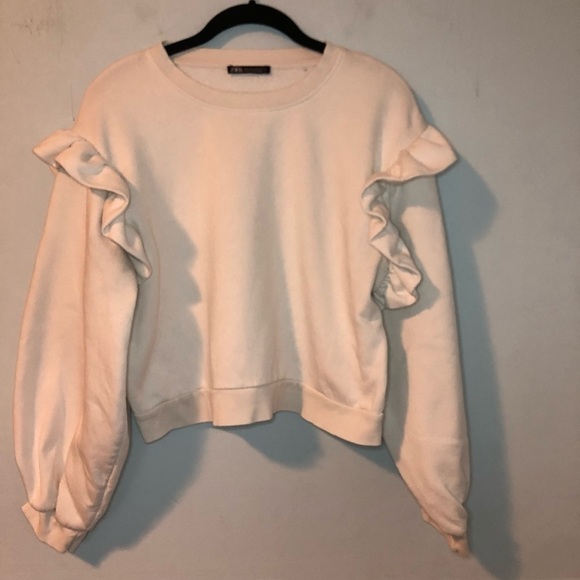 ZARA White Ruffled Long Sleeve Sweater Medium - Picture 1 of 11